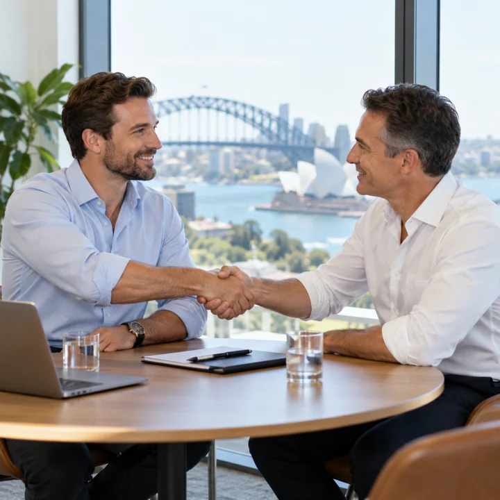 Two men shaking hands across a meeting table
